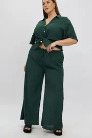 Green Textured Drawstring Wide Leg Pants