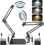 Cenawin 2-in-1 Magnifying Glass with Light and Stand, 15X 10X LED Magnifying Lamp with Clamp and Base, Desk Lamp with 3 Colour Modes, Dimmable, LED Magnifying Lamp for Hobby Crafts, Workplace Lamp