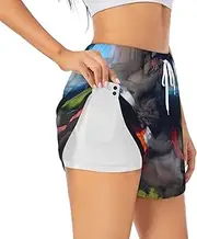 [WURTON] Kilauea Volcano Bloom Print Exercise Gym Workout Shorts Women's Athletic Shorts Dual-Layered Yoga Running Shorts