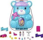 Polly Pocket 2-in-1 Travel Toy, 2 Micro Dolls and 16 Accessories, Teddy Bear Purse Playset with Sleepover Theme