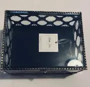 Bella Lux Glass Metal Framed Footed Trinket Box Hinged Lid Floral Metal Sides