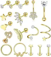 [Generic] 16G Cartilage Earring Studs Hoops Set 316L Stainless Steel Cartilage Piercing Jewelry for Women Men Conch Rook Helix Tragus Daith Forward Tragus Piercing Jewelry 17Pcs