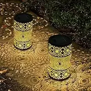 Ninonly Solar Lanterns Outdoor Lights, 2 Pack Hollowed Solar Garden Lanterns with Ground Stakes Waterproof, Decorative Retro Metal Solar Hanging Lights for Patio, Yard, Pathway, Walkway,