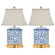 Pair Of Blue & White Bamboo Leaf Porcelain Table Lamps With Gold Base 19.5"H