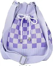 [Jusavie] Knit Bucket Bag Women 2025 Trendy Spring Crochet Knitted Drawstring Shoulder Bags Crossbody Purse Geometric Pattern