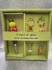 Wine Glass Ladybug Garden Stopper and 4 Charm Set. 5 Piece Art Glass Set
