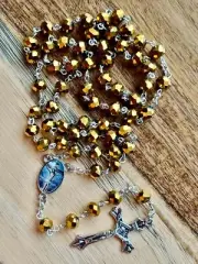 Crystal Glass Gold Colour Bead Holy Rosary Silver Metal Crucifix for Prayer Gift