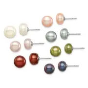 Solid Sterl Silver Button Freshwater Cultured Pearl Set of 7 Post Earrings