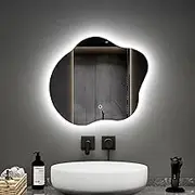 EMKE Led Backlit Bathroom Mirror, 45x50cm Asymmetrical Wall Mounted Vanity Mirror with Touch, Anti-Fog, Dimmable & 3 Colors, Frameless Illuminated Wall Mirror for Bedroom, Vertical/Horizontal