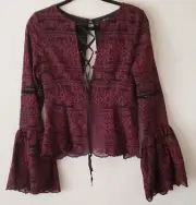 Nasty Gal Womens Burgundy & Black Lace Floral Motif Open Back Top Size Small