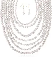 [RIAH FASHION] Multi Beaded Bubble Statement Necklace - Round Ball Chunky Drape Bib Collar Marbled, 7 Layer Long