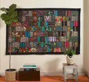 New Vintage Cotton Black Patchwork Wall Hanging Embroidered Table Runner Indian