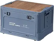 AIMALL Foldable Side Door Camping Storage Box with Wheels, 16.14"x11.42"x9.15", PET Material, Stackable Outdoor Trunk with Wooden Lid for Clothes, Books, Gear