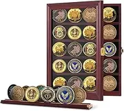 Jinchuan Military Challenge Coin Display Case Lockable Cabinet Rack Holder Shadow Box with Removable 2 Grooves Shelves and Anti Fade Acrylic Glass Door for Casino Poker Chips Collectibles Mahogany