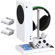 Upgraded Vertical Cooling Fan Stand for Xbox Series S, Cooler Fan System Dual Controller Charging Dock Station with 2 x 1400mAh Rechargeable Battery Pack, Headphone Bracket for Xbox Series S (White)