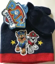 Paw Patrol NWT Navy Winter Toboggan Beanie Cap Hat Mittens Set Nickelodeon CHASE