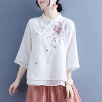在飛比找ETMall東森購物網優惠-棉麻斜襟七分袖中國風寬松繡花