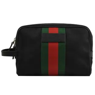 【GUCCI 古馳】經典綠紅綠織帶帆布大手拿包萬用包(黑 大)