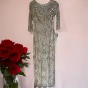 NWT $495 Aidan Mattox 3/4 Sleeve Beaded Column Gown in Champagne [SZ 2] #S24