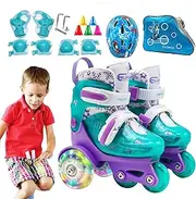 Roller Skates for Children - Adjustable Roller Skates Three-Point Design,Light up Wheels Roller Skates with Knee Pads Elbow Pads and Headgear for Gym, Park