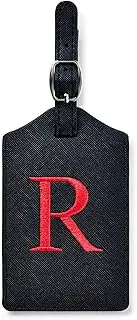 [CHOIEO] Initial Luggage Tag, PU Leather Luggage Tag, Embroidered Luggage Tag, Letter Luggage Tag, Monogrammed Luggage Tag, Luggage Tag for Baggage Bag Suitcase (R, Black Leather+Red Letter)