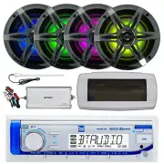 Dual Bluetooth Marine Radio, Cover, Antenna,Amp w/Kit, 4x 6.5" 120W LED Speaker
