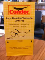 CONDOR TW100AFAS PRE-MOISTENED LENS TOWELETTES, ANTI FOG, ANTI STATIC, 100/BOX