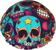 Sugar Skulls Print Shower Cap For Women Men Reusable Lightweight Soft Bath Hair Cap With Elastic Band