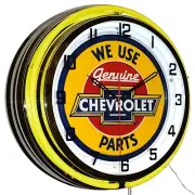 19" We Use Genuine Chevrolet Parts Sign Double Neon Clock Garage Decor (Yellow)