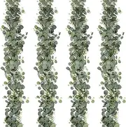 Eucalyptus Garland With White Flowers, 4 Packs 180cm Silver Dollar Eucalyptus Boxwood Gypsophila Vines for Wedding Party Mantle Table Runner Home Decor