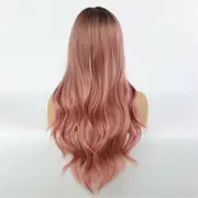 Women Long Wig Color Pink hair Ombre Rose Hair Taro Hairstyle Black Wavy hair Au