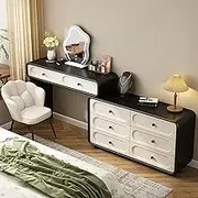 Stylish and Modern Modern Vanity Set with Touch Dimming Mirror Cushioned Chair Side Cabinet and Drawers Bedroom Makeup Dressing Table(120cm+120cm/47.2+47.2in)
