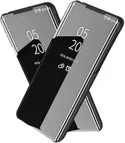 NH Samsung Galaxy S20 Ultra Mirror Case - 360 Degrees Protective Slim Fit Electroplate Standing PC Flip Cover With Tempered Glass Film and Kickstand - Black