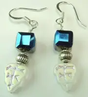 White Czech Leaf Earrings with Midnight Blue Crystal