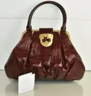$2335 NEW Alexander McQueen Burgundy Wine Patent Leather Handbag Frame Bag Gold