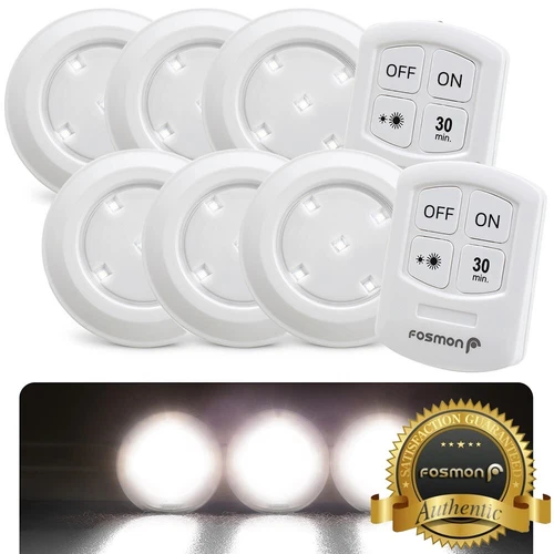 Wireless Stick On Puck LED Tap Light Bright Remote Battery Under Cabinet Closet