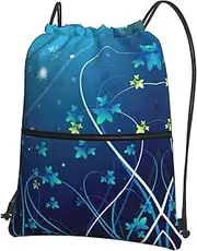 EdWal Blue Mini Flower Swirl Print Drawstring Backpack Gym Bags Sports Bags With Zipper Pocket For Travel Beach, Black, One Size