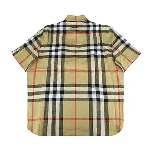 BURBERRY三色格紋相間設計亞麻短袖襯衫(男款/典藏米)