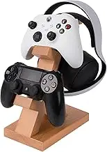 Geekria Solid Wood Dual Gamepad and Headphone Stand, Controller Storage Holder for PS4, PS5, Xbox, Switch, 8BitDo, Universal Desk Game Accessories (Light Brown)