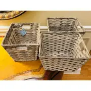 Whitmor Split Rattique Gray Wash Small Tote Sturdy Baskets Set of 3 NEW