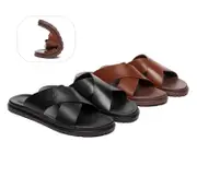 EVERAU® Men Leather Crossover Slip-on Ultra Soft Summer Slides Wyatt - Chestnut / AU Ladies 11 / AU Men 9 / EU 42
