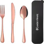 Portable Travel Utensils Set with Case,Reusable Office Flatware Set,Healthy Travel Cutlery Set 3 PCs Stainless Steel Fork, Spoon,Knife Cutlery Ideal for Travel, Lunch Box and Camping (Rose Gold-3PCs)