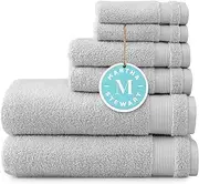 [MARTHA STEWART] 100% Cotton Bath Towels Set of 6 Piece, 2 Bath Towels, 2 Hand Towels, 2 Washcloths, Quick Dry Towels, Soft & Absorbent, Bathroom Essentials, Towel Sets for College Dorm, Light Gray