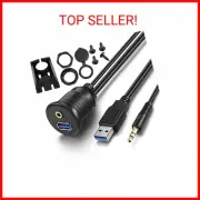 USB Flush Mount - 1M 3ft 3.5mm & USB 3.0 AUX Extension Mount, Dash Mount, Flush