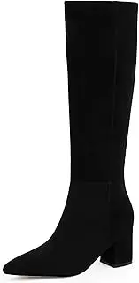 [Easyfox] Knee High Boots for Women Chunky Heel Pointed Toe Boots Side Zipper Long Boots