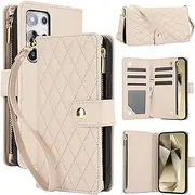 YocoverTech for Samsung S23 Ultra 5G Case,for Galaxy S23 Ultra 5G Flip Case,6 Card Holders +1 Cash Slot Wallet Cover Magnetic Folio Closure Purse with Wristlet Crossbody Lanyard-Beige