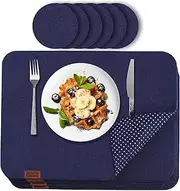 [Luana Rose] Felt Place Mats Set of 12 in Anthracite – Wipe Clean Place Mats – 44 x 32 cm Felt Coasters – High-Quality Placemats Washable in Blue – Table Coaster Place Mat + Glass Coaster Set