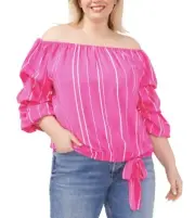Vince Camuto Women's Striped Off The Shoulder Bubble Sleeve Tie Front Blouse