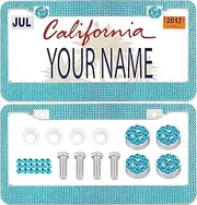 Handcrafted Rhinestone Acrylic Bling License Plate Frames for Women, Men | 2 Pack Bedazzled Cover with Glittery Screw Caps | Stainless Steel Clear Crystal Sparkle License Plate Frame / Cover (Blue)