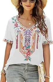 [Higustar] Boho Floral Embroidered Shirts for Women Mexican Tops Womens Bohemian Summer Peasant Style Tunics Blouses